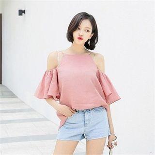 Cutout-shoulder Ruffle Elbow-sleeve Linen Top