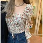 Long-sleeve Floral Print Top Floral - Red & Almond - One Size