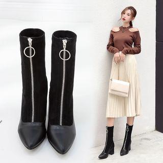 Pointy Toe Chunky Heel Hoop Zipper Short Boots