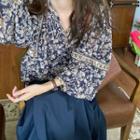 Lantern-sleeve Floral Print Blouse Blue - One Size