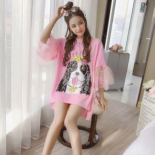 Lace Panel 3/4-sleeve Sequined Dog T-shirt