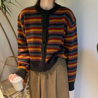 Striped Cardigan Black & Gray & Orange & Red - One Size