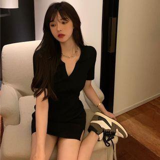 Polo-collar Knit Mini Dress Black - One Size