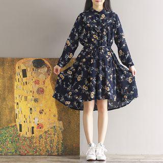 Floral Print Ruffle Trim Long Sleeve Dress