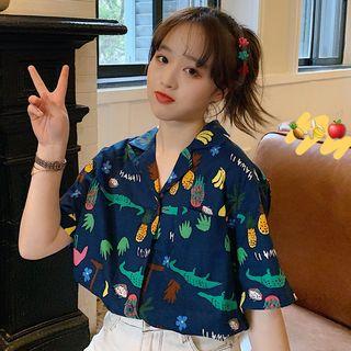 Elbow-sleeve Cartoon Printed Shirt