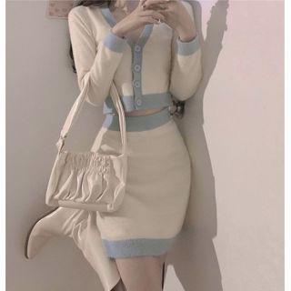 Cropped Contrast Trim Cardigan / Knit Mini Skirt