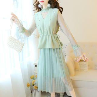 Set: Mesh Long-sleeve Midi A-line Dress + Knit Vest