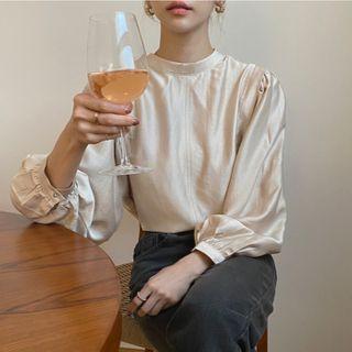Lantern-sleeve Plain Blouse Beige - One Size