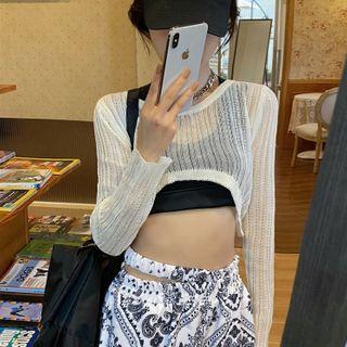 Long-sleeve Cropped Sheer Knit Top / Cropped Tank Top / Paisley Print Wide-leg Pants