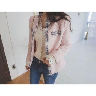 Padded-shoulder Fray-edge Tweed Jacket