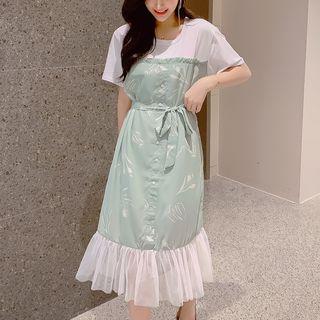 Mock Two-piece Printed Mesh Panel Short-sleeve Midi Dress
