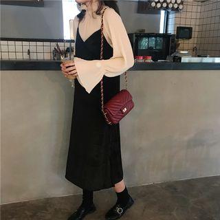 Mock Neck Chiffon Blouse / Spaghetti Strap Midi Dress