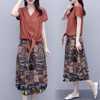 Set: Short-sleeve Shirt + Printed Midi A-line Skirt