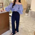 Off-shoulder Plaid Top / Loose-fit Pants