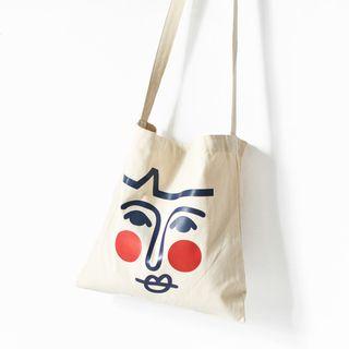 Face Print Canvas Tote Bag Beige - One Size