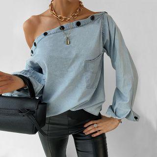 Long-sleeve One-shoulder Denim Blouse