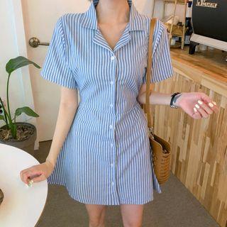 Striped Short-sleeve Mini A-line Shirtdress