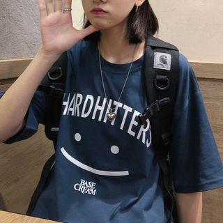 Elbow-sleeve Smiley Face Printed T-shirt