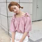 Striped Off-shoulder Loose-fit Short-sleeve Blouse