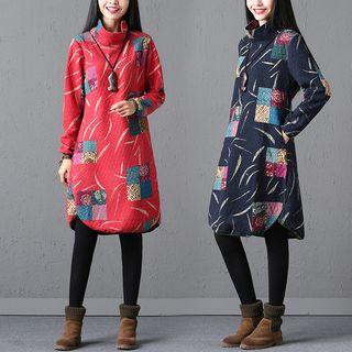 Long-sleeve Patterned Mock-neck A-line Dress
