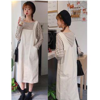 Striped Long-sleeve T-shirt / Pocketed Pinafore Dress