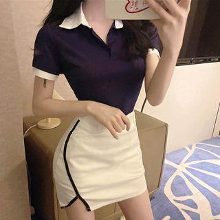 Set: Contrast Collar Polo Shirt + Mini Pencil Skirt
