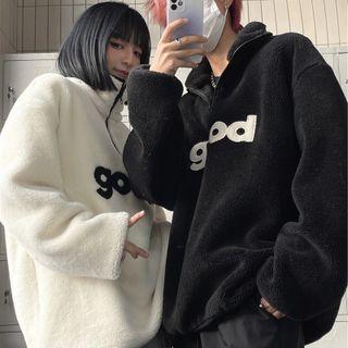 Couple Matching Turtleneck Lettering Half-zip Fleece Sweatshirt