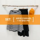 Set: Round-neck Striped Top + Band-waist Tiered Long Skirt Black - One Size