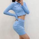 Set: Long-sleeve Polo Shirt + High Waist Fitted Skirt