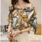 3/4-sleeve Frill Trim Printed Top