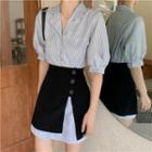 Short-sleeve Striped Mini Shirtdress / Plain Mini A-line Skirt