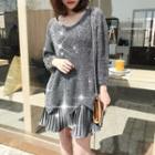 Set: Scallop Sweater + Spaghetti-strap Accordion Pleat Dress Dark Gray - One Size