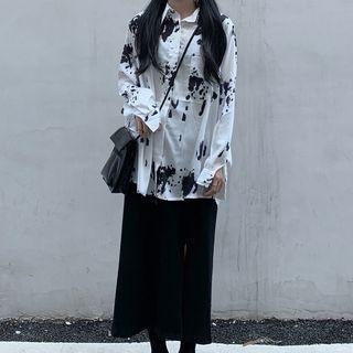 Set: Long-sleeve Printed Shirt + Slit Midi Skirt