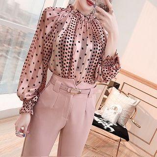 Long-sleeve Dotted Mock-neck Chiffon Blouse