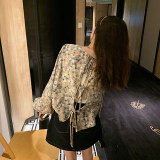 Floral Print Lace-up Back Blouse Floral - One Size