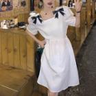 Short-sleeve Bow-accent A-line Dress Black Bow - White - One Size
