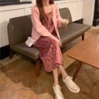 V-neck Knit Cardigan / Spaghetti Strap Floral Print A-line Dress