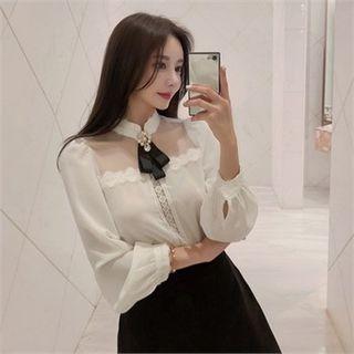Sheer Panel Lace-trim Blouse With Brooch