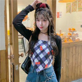 Cherry Print Suspender Top + Long-sleeve Light Cardigan