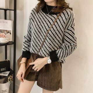 Diagonal Striped Mock-neck Sweater
