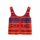 Color Block Crochet Crop Tank Top Orange & Red & Blue - One Size