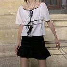 Elbow-sleeve Contrast Lining Blouse / Mini A-line Skirt