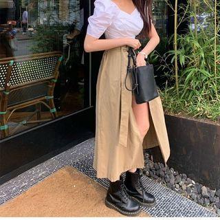 Plain Puff-sleeve Cropped Blouse / Belted Panel Midi A-line Skort
