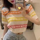 Heart Print Short-sleeve Cropped Knit Top Rainbow - One Size
