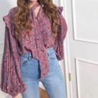 Balloon-sleeve Floral Print Blouse As Shown In Figure - One Size
