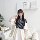 Elbow-sleeve Striped Cutout Top