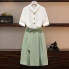 Set: Short-sleeve Buttoned Blouse + A-line Skirt
