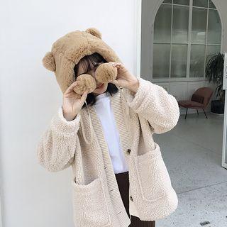 Chenille Bear Ear Flap Hat With Pom Pom