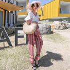 Set: Cutout-sleeve Contrast-trim Top + Band-waist Pants