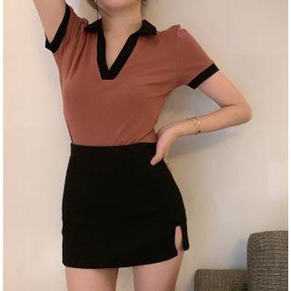 Short-sleeve Contrast Trim Top / Pencil Skirt